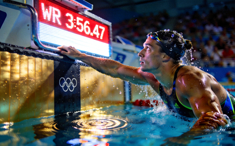 游泳传奇在奥运泳池触壁后看向计时器，打破世界纪录的震撼时刻